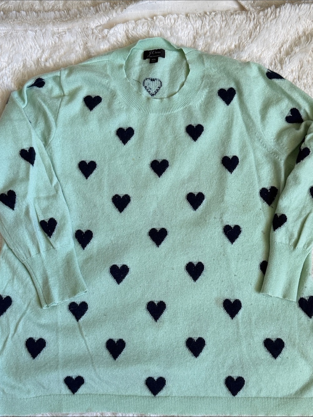 J. Crew Cashmere  Mint Green Crewneck Sweater with Navy Heart Motif